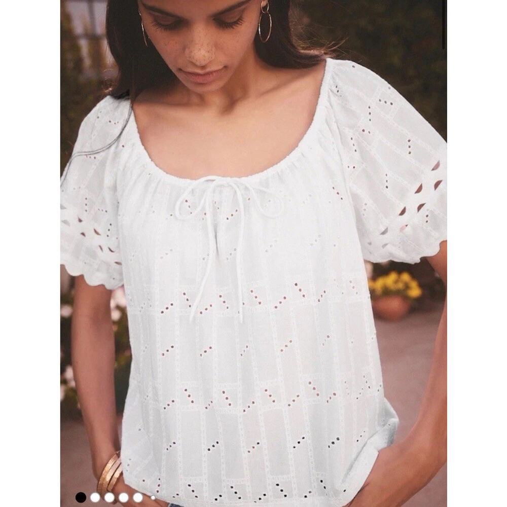 NEXT White Boho Short Sleeve Eyelet Tie Front Top Womens Sz 10 NWT